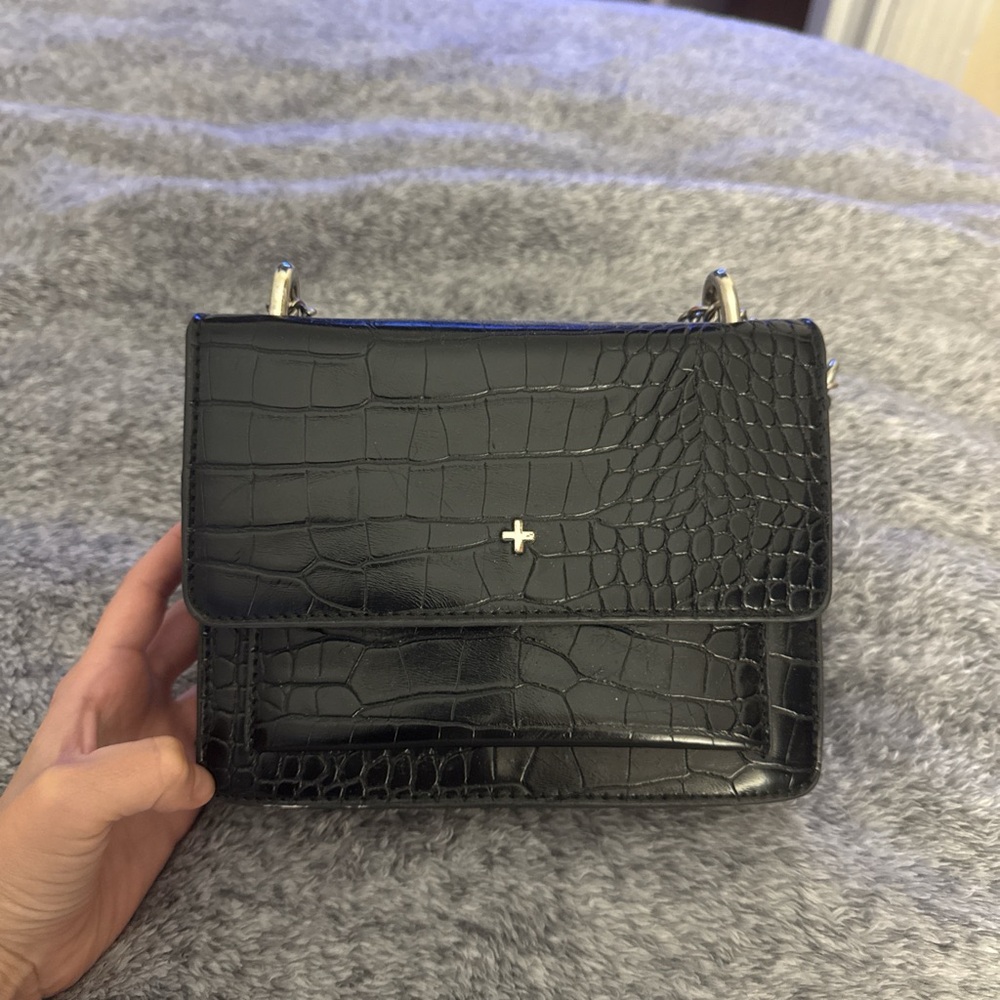 Black Croc-Embossed Shoulder Bag